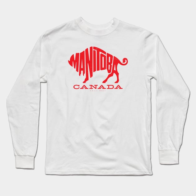 Vintage Manitoba Buffalo with Text (Red) Long Sleeve T-Shirt by deadmansupplyco